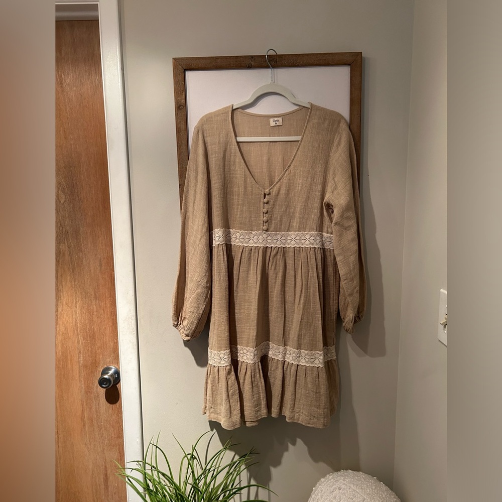 Opia Yasmin Boho lace prairie hand dyed linen mini dress - Picture 1 of 5
